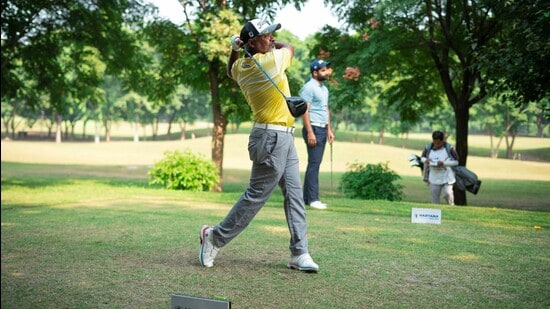 Rahil Gangjee of Bengaluru in action during Haryana Open at Panchkula Golf Club on Saturday. (HT photo)