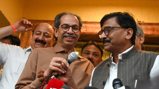 Mumbai: Shiv Sena (UBT) Chief Uddhav Thackeray and Rajya Sabha MP Sanjay Raut at Matoshree in Mumbai on Friday. Oct 18, 2024. (Photo by Raju Shinde/HT Photo)