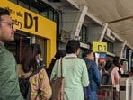 Passengers wait in a queue in front of the DigiYatra counter at Pune airport. (HT File Photo)