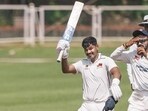 Shreyas Iyer celebrates his century on the second day of their Ranji Trophy game in Mumbai on Saturday. (PTI) Shreyas Iyer celebrates his century on the second day of their Ranji Trophy game in Mumbai on Saturday. (PTI)