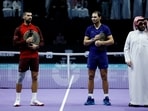 Serbia's Novak Djokovic gives a speech after winning his third place match against Spain's Rafael Nadal 