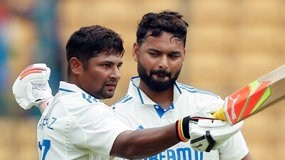 Bengaluru, Oct 19 (ANI): India's Rishabh Pant congratulates teammate Sarfaraz Khan as he celebrates his century during Day 4 of the first test match against New Zealand, at M.Chinnaswamy Stadium in Bengaluru on Saturday. (ANI Photo) (BCCI - X) Bengaluru, Oct 19 (ANI): India's Rishabh Pant congratulates teammate Sarfaraz Khan as he celebrates his century during Day 4 of the first test match against New Zealand, at M.Chinnaswamy Stadium in Bengaluru on Saturday. (ANI Photo) (BCCI - X)