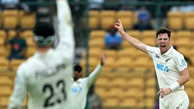 New Zealand's victory is pretty much rooted in what they did to India in the first innings. Fast bowlers Matt Henry and Will O'Rourke took nine wickets between them as India were all out for a record low score of 46. Henry, a familiar name to Indians due to his performance in the semi-final of the 2019 World Cup, finished the innings with figures of 5/15 in 13.2 overs. (AFP) New Zealand's victory is pretty much rooted in what they did to India in the first innings. Fast bowlers Matt Henry and Will O'Rourke took nine wickets between them as India were all out for a record low score of 46. Henry, a familiar name to Indians due to his performance in the semi-final of the 2019 World Cup, finished the innings with figures of 5/15 in 13.2 overs. (AFP)