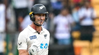 Young ended the chase with a four off the fourth ball of the 28th over bowled by Ravindra Jadeja. He finished unbeaten on 48 off 76 balls after having scored 33 in the first innings. Ravindra finished unbeaten on 39 off 46 after scoring 134 off 157 balls in New Zealand's first innings. He won the player of the match for his efforts. (AFP) Young ended the chase with a four off the fourth ball of the 28th over bowled by Ravindra Jadeja. He finished unbeaten on 48 off 76 balls after having scored 33 in the first innings. Ravindra finished unbeaten on 39 off 46 after scoring 134 off 157 balls in New Zealand's first innings. He won the player of the match for his efforts. (AFP)