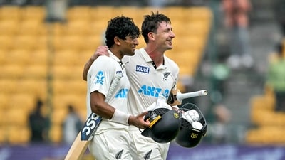 Rachin Ravindra followed up his first innings century by putting on 75 runs for the third wicket with Will Young off 92 balls and leading New Zealand to a famous victory over India in the first Test at the Chinnaswamy. This is New Zealand's first Test victory in the country since 1988. (AFP) Rachin Ravindra followed up his first innings century by putting on 75 runs for the third wicket with Will Young off 92 balls and leading New Zealand to a famous victory over India in the first Test at the Chinnaswamy. This is New Zealand's first Test victory in the country since 1988. (AFP)