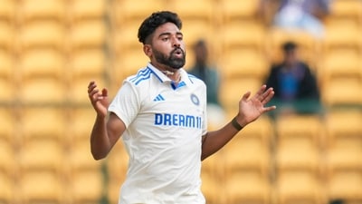 India's Mohammed Siraj reacts during the fifth day of the first test cricket match against New Zealand. (PTI) India's Mohammed Siraj reacts during the fifth day of the first test cricket match against New Zealand. (PTI)