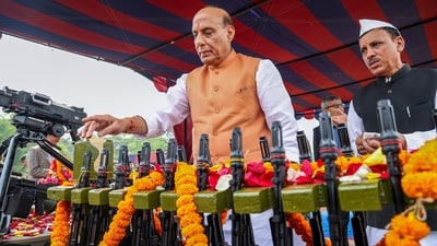 Defence Minister Rajnath Singh performs 'Shastra Puja' on the occasion of 'Vijayadashami' during a function at the Sukna Military Station, in Darjeeling district, West Bengal. (File image) (PTI) Defence Minister Rajnath Singh performs 'Shastra Puja' on the occasion of 'Vijayadashami' during a function at the Sukna Military Station, in Darjeeling district, West Bengal. (File image) (PTI)