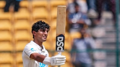Rachin Ravindra powered New Zealand's innings with a masterful 134 in 157 balls. He hit 13 fours and four sixes in an innings in which he shifted between attack and defence almost effortlessly. Bengaluru is where Ravindra's family hails from, with his paternal grandparents still residents of the city, and he had scored a century in his first ODI here at the 2023 World Cup against Pakistan. He has now followed that up with a century in his first Test at the Chinnaswamy Stadium. It was Ravindr's second century in the 10 Tests that he has played for New Zealand. (PTI) Rachin Ravindra powered New Zealand's innings with a masterful 134 in 157 balls. He hit 13 fours and four sixes in an innings in which he shifted between attack and defence almost effortlessly. Bengaluru is where Ravindra's family hails from, with his paternal grandparents still residents of the city, and he had scored a century in his first ODI here at the 2023 World Cup against Pakistan. He has now followed that up with a century in his first Test at the Chinnaswamy Stadium. It was Ravindr's second century in the 10 Tests that he has played for New Zealand. (PTI)
