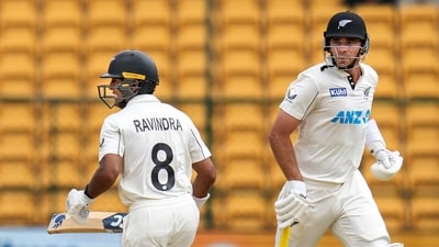 Ravindra and Tim Southee broke the backs of the Indian bowlers in New Zealand's first innings. They came together with the score reading 233/7 and then put up a partnership of 137 runs off just 132 balls for the eighth wicket. Southee, who had started India's procession by dismissing Rohit Sharma on Day 2, smashed 65 runs in 73 balls with five fours and four sixes. (PTI) Ravindra and Tim Southee broke the backs of the Indian bowlers in New Zealand's first innings. They came together with the score reading 233/7 and then put up a partnership of 137 runs off just 132 balls for the eighth wicket. Southee, who had started India's procession by dismissing Rohit Sharma on Day 2, smashed 65 runs in 73 balls with five fours and four sixes. (PTI)