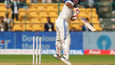 It was heartbreak for Pant, however. He was dismissed by O'Rourke while on 99 off 105 balls, chopping on to his own stumps. This started a procession that ended with India being all out for 462 runs and setting New Zealand a target of just 107 runs to chase. (PTI) It was heartbreak for Pant, however. He was dismissed by O'Rourke while on 99 off 105 balls, chopping on to his own stumps. This started a procession that ended with India being all out for 462 runs and setting New Zealand a target of just 107 runs to chase. (PTI)
