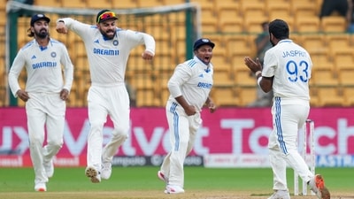 Bumrah bowled a long spell, sending in eight consecutive overs. He managed to dismiss Devon Conway in the 13th over. (PTI) Bumrah bowled a long spell, sending in eight consecutive overs. He managed to dismiss Devon Conway in the 13th over. (PTI)