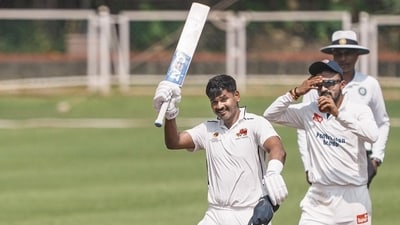 Shreyas Iyer celebrates his century on the second day of their Ranji Trophy game in Mumbai on Saturday. (PTI) (HT_PRINT) Shreyas Iyer celebrates his century on the second day of their Ranji Trophy game in Mumbai on Saturday. (PTI) (HT_PRINT)