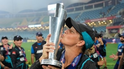 New Zealand's captain Sophie Devine kisses the trophy after winning the ICC Women's T20 World Cup 2024 final. (AP) New Zealand's captain Sophie Devine kisses the trophy after winning the ICC Women's T20 World Cup 2024 final. (AP)