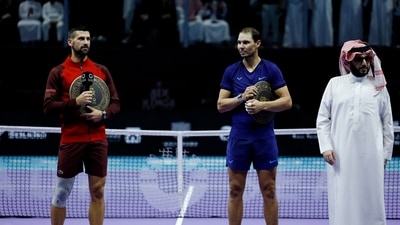 Serbia's Novak Djokovic gives a speech after winning his third place match against Spain's Rafael Nadal (REUTERS)