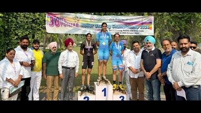 Winners of 36th state roller skating championship in Ludhiana on Sunday. (Hindustan Times) Winners of 36th state roller skating championship in Ludhiana on Sunday. (Hindustan Times)