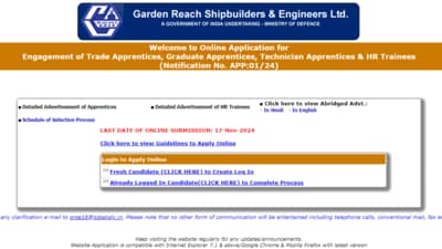 GRSE Recruitment 2024: Apply for apprentice, HR trainee vacancies GRSE Recruitment 2024: Apply for apprentice, HR trainee vacancies