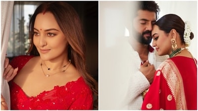 Sonakshi shared a set of pictures featuring herself decked up in a bright red saree and a sleek mangalsutra. (Instagram/@aslisona) Sonakshi shared a set of pictures featuring herself decked up in a bright red saree and a sleek mangalsutra. (Instagram/@aslisona)