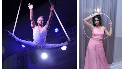 Swiss aerialist Jason Brügger and Indian hula-hoop artiste Eshna Kutty conceived and practiced over nine months before showcasing their collaboration at the Swiss Art Night - Up In The Air. (Photos: Manoj Verma/HT) Swiss aerialist Jason Brügger and Indian hula-hoop artiste Eshna Kutty conceived and practiced over nine months before showcasing their collaboration at the Swiss Art Night - Up In The Air. (Photos: Manoj Verma/HT)