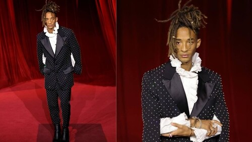 Jaden Smith in an embellished black suit. Jaden Smith in an embellished black suit.