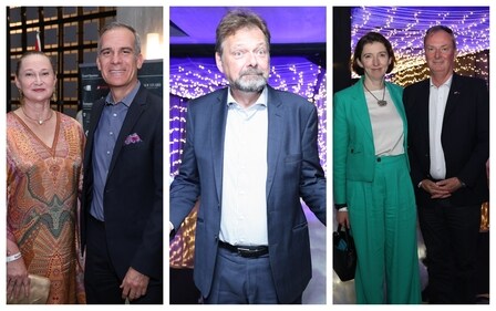 Among those who attended the elegant evening gathering were (L-R) Amy Wakeland with Eric Garcetti (US Ambassador to India), Philipp Ackermann (German Ambassador to India and Bhutan), and Lindy Cameron (British High Commissioner to India) with Air Marshal Sean Reynolds. (Photos: Manoj Verma/HT) Among those who attended the elegant evening gathering were (L-R) Amy Wakeland with Eric Garcetti (US Ambassador to India), Philipp Ackermann (German Ambassador to India and Bhutan), and Lindy Cameron (British High Commissioner to India) with Air Marshal Sean Reynolds. (Photos: Manoj Verma/HT)