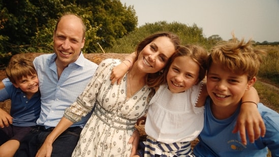 This photo provided by Kensington Palace on Monday, Sept. 9, 2024, shows Kate, Princess of Wales and Prince William with their children Prince George, right, Princess Charlotte and Prince Louis, left. (AP)