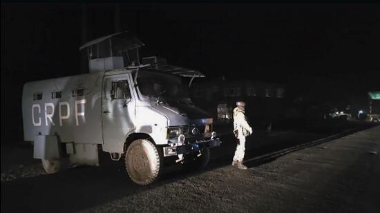 Security forces cordon off the area after a terrorist attack, in Ganderbal district, on Sunday. (PTI)