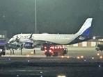 An IndiGo aircraft after it made an emergency landing following a bomb threat on Tuesday. (PTI) An IndiGo aircraft after it made an emergency landing following a bomb threat on Tuesday. (PTI)