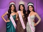 (Left to right) Rekha Pandey, Femina Miss India 2024 – 1st Runner-up; Nikita Porwal, Femina Miss India World 2024 winner and Aayushi Dholakia, Femina Miss India 2024 – 2nd runner up(Photo: Raju Shinde/HT)