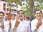 Navi Mumbai, India - October 24, 2019: (L to R): Sanjeev Naik, BJP Candidate Ganesh Naik and Sandeep Naik shows voctory sign before entering Vote Counting Center at Airoli in Navi Mumbai, India, on Thursday, October 24, 2019. (Photo by Bachchan Kumar/ Hindustan Times) (Hindustan Times)