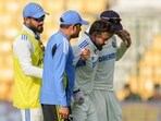 India's wicket-keeper Rishabh Pant being escorted off field after an injury on the second day of the first test cricket match between India and New Zealand, at the M Chinnaswamy Stadium, in Bengaluru, Thursday, Oct. 17 India's wicket-keeper Rishabh Pant being escorted off field after an injury on the second day of the first test cricket match between India and New Zealand, at the M Chinnaswamy Stadium, in Bengaluru, Thursday, Oct. 17