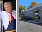 Donald Trump waves at the cameras at the McDonald's empty drive through window. Donald Trump waves at the cameras at the McDonald's empty drive through window.