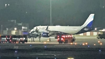 An IndiGo aircraft after it made an emergency landing following a bomb threat on Tuesday. (PTI) An IndiGo aircraft after it made an emergency landing following a bomb threat on Tuesday. (PTI)