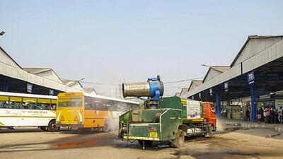 An anti-smog gun being used to curb air pollution at Anand Vihar on Sunday. (PTI photo) An anti-smog gun being used to curb air pollution at Anand Vihar on Sunday. (PTI photo)