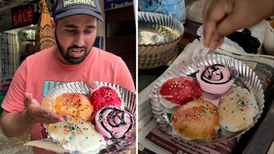 In the video by Instagram food blogger Amar Sodhi, a street vendor can be seen selling a plate of chocolate filled idlis for ₹100. In the video by Instagram food blogger Amar Sodhi, a street vendor can be seen selling a plate of chocolate filled idlis for ₹100.