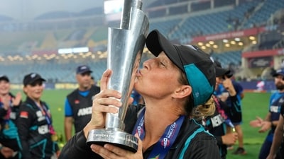 New Zealand's captain Sophie Devine kisses the trophy after winning the ICC Women's T20 World Cup 2024 final. (AP) New Zealand's captain Sophie Devine kisses the trophy after winning the ICC Women's T20 World Cup 2024 final. (AP)