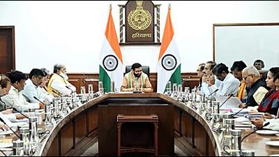 Haryana chief minister Nayab Singh Saini chairs the first meeting of the newly formed cabinet in Chandigarh on Friday. (Photo from X) Haryana chief minister Nayab Singh Saini chairs the first meeting of the newly formed cabinet in Chandigarh on Friday. (Photo from X)