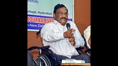 Hyderabad: Activist Prof. GN Saibaba addresses the media, in Hyderabad, Friday, Aug. 23, 2024. (PTI Photo) (PTI08_23_2024_000179B) (PTI) Hyderabad: Activist Prof. GN Saibaba addresses the media, in Hyderabad, Friday, Aug. 23, 2024. (PTI Photo) (PTI08_23_2024_000179B) (PTI)