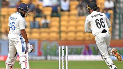 India captain Rohit Sharma (L) reacts as he is clean bowled during the third day of the first Test. (AFP) India captain Rohit Sharma (L) reacts as he is clean bowled during the third day of the first Test. (AFP)