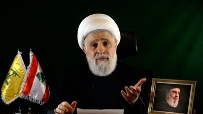 An image grab taken from Hezbollah's Al-Manar TV shows the group's deputy chief Naim Qassem delivering a speech from an undisclosed location on October 15, 2024. (AFP) An image grab taken from Hezbollah's Al-Manar TV shows the group's deputy chief Naim Qassem delivering a speech from an undisclosed location on October 15, 2024. (AFP)