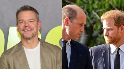 Matt Damon caught up in the Harris vs. William feud. (Matt Damon (left) Harry and William (right))