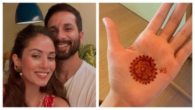 Mira Rajput took to Instagram Stories to share a picture of her minimal mehendi for Karwa Chauth 2024. She also posted a picture with actor-husband Shahid Kapoor as they celebrated the festival together in Mumbai on Sunday. (Instagram/Mira Rajput) Mira Rajput took to Instagram Stories to share a picture of her minimal mehendi for Karwa Chauth 2024. She also posted a picture with actor-husband Shahid Kapoor as they celebrated the festival together in Mumbai on Sunday. (Instagram/Mira Rajput)