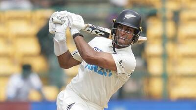 New Zealand's Rachin Ravindra plays a shot during the fifth day of the first Test against New Zealand in Bengaluru. (PTI) New Zealand's Rachin Ravindra plays a shot during the fifth day of the first Test against New Zealand in Bengaluru. (PTI)