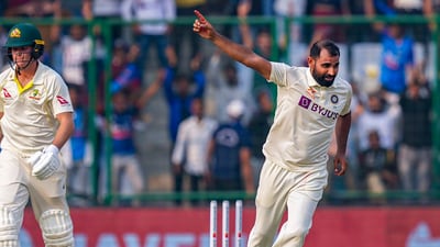 Indian bowler Mohammed Shami celebrates the wicket of Australian batter Matthew Kuhnemann during the first day of the 2nd test cricket match (PTI) Indian bowler Mohammed Shami celebrates the wicket of Australian batter Matthew Kuhnemann during the first day of the 2nd test cricket match (PTI)
