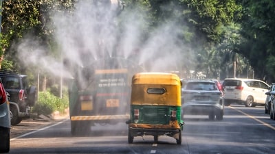 An anti-smog gun being used to spray water droplets to curb air pollution, in New Delhi, Friday, Oct. 18. (PTI) An anti-smog gun being used to spray water droplets to curb air pollution, in New Delhi, Friday, Oct. 18. (PTI)