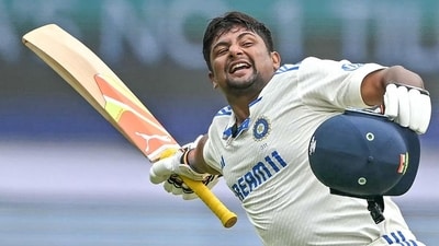 Sarfaraz Khan celebrates after scoring a century against New Zealand in Bengaluru on Saturday. (AFP) Sarfaraz Khan celebrates after scoring a century against New Zealand in Bengaluru on Saturday. (AFP)