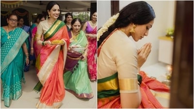 Sobhita Dhulipala and Naga Chaitanya’s wedding festivities have begun. The bride-to-be shared pictures from the first ceremony on Instagram. She captioned the photos, “Godhuma Raayi Pasupu Danchatam 🦜🪷♥️ And so it begins.” Sobhita Dhulipala and Naga Chaitanya’s wedding festivities have begun. The bride-to-be shared pictures from the first ceremony on Instagram. She captioned the photos, “Godhuma Raayi Pasupu Danchatam 🦜🪷♥️ And so it begins.” 