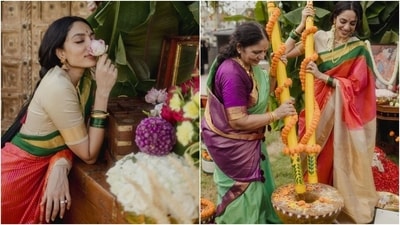 The ritual is significant in Telugu weddings where the bride and groom jointly grind wheat, turmeric, and sometimes other ingredients on a grinding stone. Here, Sobhita can be seen performing the ritual. The act symbolises the beginning of their life together. The ritual is significant in Telugu weddings where the bride and groom jointly grind wheat, turmeric, and sometimes other ingredients on a grinding stone. Here, Sobhita can be seen performing the ritual. The act symbolises the beginning of their life together. 