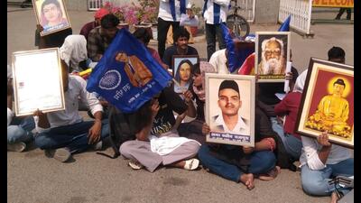 Students staging a protest at Babasaheb Bhimrao Ambedkar University in Lucknow on October 21. (Sourced) Students staging a protest at Babasaheb Bhimrao Ambedkar University in Lucknow on October 21. (Sourced)