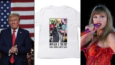 Trump campaign's new merch design sparks outrage among Swifties for alleged copyright infringement. (Win McNamee/Getty Images/AFP (Photo by WIN MCNAMEE / GETTY IMAGES NORTH AMERICA / Getty Images via AFP, TeamTrump/X, Photo by CHANDAN KHANNA / AFP)) Trump campaign's new merch design sparks outrage among Swifties for alleged copyright infringement. (Win McNamee/Getty Images/AFP (Photo by WIN MCNAMEE / GETTY IMAGES NORTH AMERICA / Getty Images via AFP, TeamTrump/X, Photo by CHANDAN KHANNA / AFP))