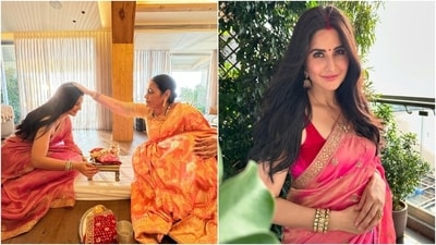 Katrina Kaif gets blessings from Vicky Kaushal's mom on Karwa Chauth. Katrina Kaif gets blessings from Vicky Kaushal's mom on Karwa Chauth.